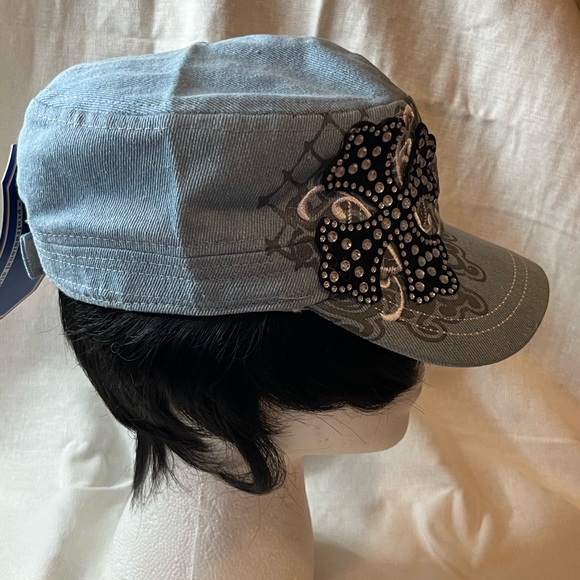 Light Blue Denim Cap With Bling Cross - Picture 3 of 4